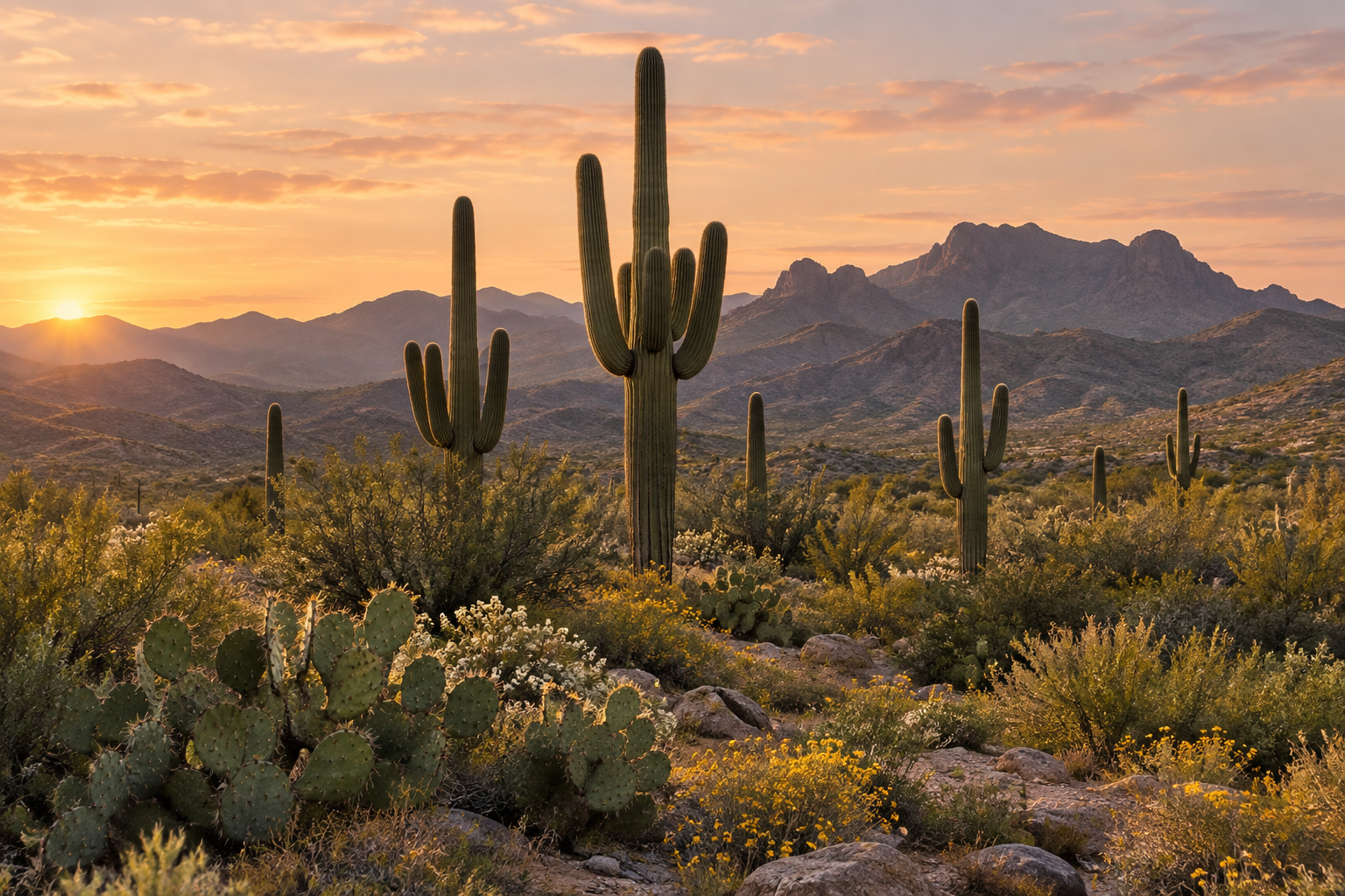 Saguaro and prickly pear cacti among desert wildflowers, with Arizona mountains in warm evening light.